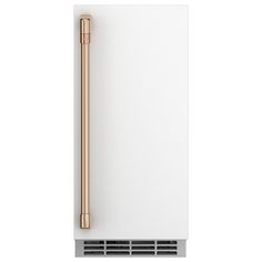 a white refrigerator with a gold handle next to a wall mounted heater and ventilator