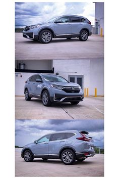 three different views of the new honda cr - v in front of a building with cloudy skies