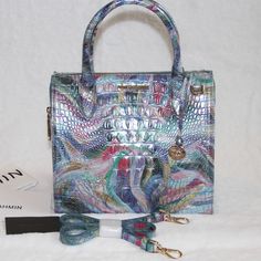 Brahmin Small Caroline Satchel Tote Bag In Elope Melbourne Brand New With Tag, Comes With Dust Bag And Registration Card Featured In Elope Melbourne, A Creative Combination Of Color Designed To Ignite The Imagination. Enter A World Of Whimsy With This Playful Print That Has Iridescent Shine Bringing A Glow To The Season. Made With Genuine Croc-Embossed Leather. Zip Top Closure Rolled Handles Removable Adjustable Crossbody Strap Back Slide In Pocket Pen Pocket Jewelry Pockets Interior Organizer P Luxury Multicolor Handheld Satchel, Luxury Multicolor Satchel With Detachable Handle, Elegant Multicolor Travel Satchel, Elegant Multicolor Handheld Satchel, Elegant Multicolor Shoulder Bag With Double Handle, Elegant Multicolor Crossbody Satchel, Elegant Multicolor Double Handle Shoulder Bag, Elegant Multicolor Satchel With Top Carry Handle, Elegant Multicolor Top Handle Satchel