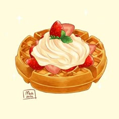 a drawing of a waffle with whipped cream and strawberries on top is shown