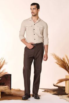 Ecru shirt in a solid base with side flap pockets. - Aza Fashions Beige Tops With Flap Pockets, Men Shirts Casual, Men Shirts, Pocket Shirt, S N, Lapel Collar, Aza Fashion, Shirt Men, Flap Pocket