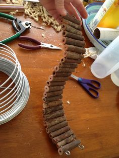 a person is making a snake out of some kind of sticks and paper machs