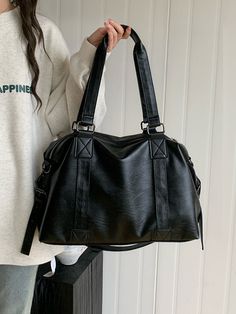 Color: Black, Beige Style: Street Trend Material: PU Fashion Element: Sewing Line Closure Type: Zipper Occasion: Daily Matching Black Handbag For School, Simple Black Tote Bag, School Handbag, Large Shopper Bag, Soft Leather Tote, Fashion Student, Casual Tote Bag, Structured Bag, Crossbody Bags For Travel