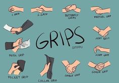 hands holding different types of grips and the words grips written in black on a blue background