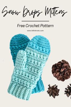 two knit mittens with pine cones next to it and the text snow drops mittens free crochet pattern