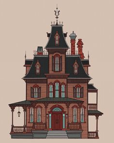 a drawing of a victorian style house with porches and balconies on the second floor