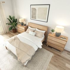 a bed sitting in a bedroom next to two nightstands and a potted plant