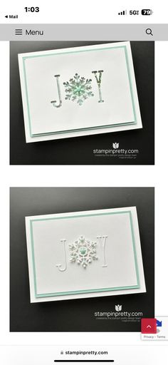 two cards with the word joy and snowflakes on them, one is for christmas