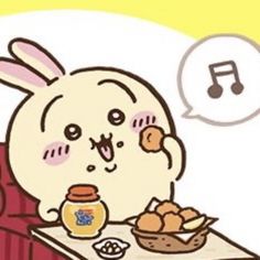 a cartoon rabbit sitting at a table with food in front of him