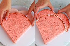 two pictures of someone cutting into a heart shaped cake on a plate with pink frosting