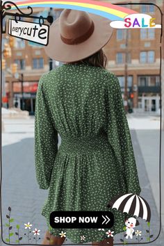 Green V Neck Balloon Sleeve Smocked Waist Printed Mini Dress Casual V-neck Smocked Dress For Fall, Green Casual Smocked Dress For Fall, Green Smocked Long Sleeve Dress For Fall, Green Long Sleeve Smocked Dress For Fall, Fall Vacation Smocked Long Sleeve Dress, Casual Smocked Dress For Fall Vacation, Casual Green V-neck Smocked Dress, Casual Long Sleeve Smocked Dress For Day Out, Fall V-neck Smocked Dress