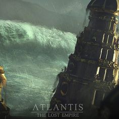 a man standing on top of a tall tower next to a giant wave in the ocean