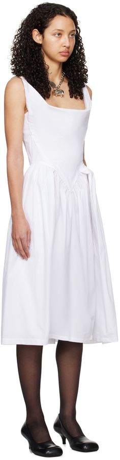 Cotton poplin dress. Gathering and draping throughout. · Cowl neck · Logo embroidered at waist · Fixed shoulder straps · Zip closure at back Supplier color: White Elegant Poplin Summer Dress, Elegant Poplin Dress For Summer, Elegant Summer Poplin Dress, Elegant Poplin Daywear Dresses, Elegant Poplin Dresses For Daywear, Cotton Poplin Dress, Poplin Dress, White Brand, Mid Length Dresses