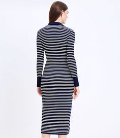 Finished with a polished point collar on its flattering V-neck, this long and lean yet comfy midi dress is an essential statement in minimalist perfection. V-neck. Long sleeves.,Fabric:Fabric: Soft knit,Hit:Hit: Midi - Hits at mid-calf,Imported:Imported,Fit:Fit: Shift - fits straight and relaxed,Length:48" from top back neck to hem, measured from a size 8/M,Fabrication:60% Acrylic,40% Nylon,Garment Care:Machine Washable Loft Stripe Ribbed Collared Midi Dress Size XS Deep Space Blue Women's by Lo