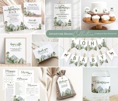 the adventure begins baby shower is displayed in green and white with pine trees on it