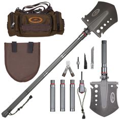 an assortment of tools including shovels and other items