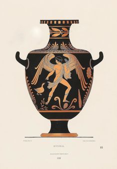 an antique greek vase with the image of a winged god on it's side