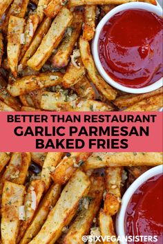 two photos with the words better than restaurant garlic parmesan baked fries