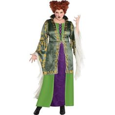 a woman in a green and purple costume with her hands out to the side,