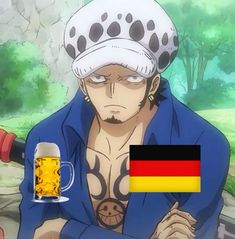 an anime character holding a beer mug and looking at the camera with german flag on it