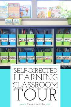 an organized classroom library with bins and books