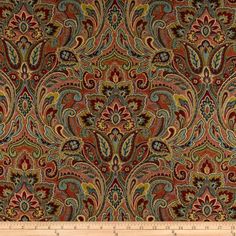 a red and blue paisley print fabric with an intricate design on the front, in various colors