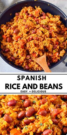 spanish rice and beans in a skillet with a wooden spoon next to the recipe