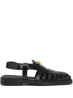 black calf leather slingback strap branded footbed Medusa plaque detail gold-tone hardware caged design square toe rubber sole Black Leather Sandals With Gold-tone Hardware, Leather Sandals With Gold-tone Hardware And Slingback, Latest Sandal, Square Toe Shoes, Versace Gold, Mens Leather Sandals, Fisherman Sandals, Balenciaga Track, Leather Thong Sandals