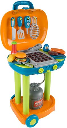 an orange and blue toy grill with tools in it