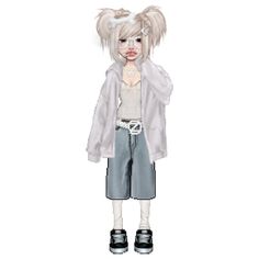 an animated doll is standing in front of a white background and wearing grey clothes with black shoes