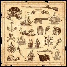 an old fashioned poster with various items on it