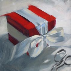 a painting of a red and white gift box with a pair of scissors next to it