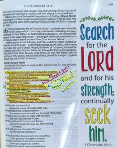 an open bible with the words search for the lord and for his strength