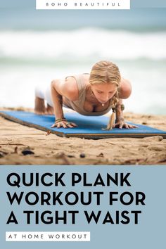 a woman is doing plank workout on the beach