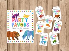 party favors with colorful animals on them and thank you tags for the guests to use