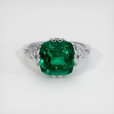 Cushion shaped 4.39 carat emerald ring set in platinum 950. #emerald ring vintage #ring emerald #green ring #engagement rings emerald #wedding rings emerald Wedding Rings Emerald, Emerald Green Ring, Engagement Rings Emerald, Rings Emerald, Emerald Ring Vintage, Emerald Wedding Rings, Green Emerald Ring, Green Ring, Emerald Wedding