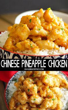 two plates filled with chicken and rice on top of each other, next to the words chinese pineapple chicken