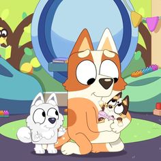 an animated dog and two cats are sitting together