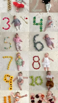 many different pictures of babies laying on the floor with letters and numbers written in them