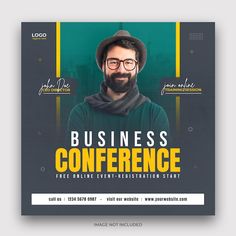 a business conference flyer with a bearded man wearing a hat and scarf on the front