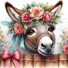 a painting of a donkey with flowers on it's head peeking over a fence