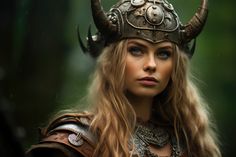 a woman dressed as a viking with horns on her head is staring into the distance