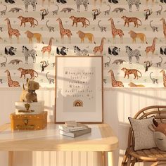 a child's room decorated with wallpaper and animal themed wall coverings, including a zebra print