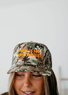 Camo print This is My Hunting Hat embroidered Brim: 2.75 Adjustable Camouflage Hat For Spring, Camouflage Snapback Hat For Summer, Summer Camouflage Snapback Hat, Camo Trucker Hat, Hunting Camo, Hunting Hat, Fall Is Here, Graphic Tops, Camo Print