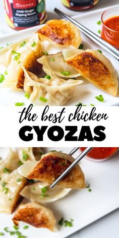 chicken gyozas on a plate with dipping sauce