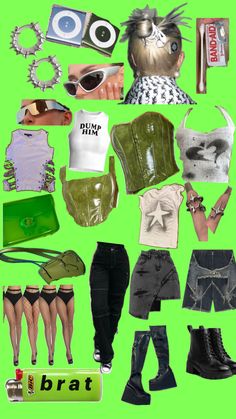 a collage of clothes, shoes and accessories on a green background with the word brat written below it