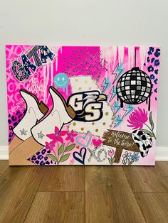 Pink, white, navy, and gold 24x30” canvas wall art Georgia Southern Painting, College Dorm Artwork, Georgia Southern University Dorm, Dorm Wall Painting, College Apartment Painting, Trendy Canvas Painting, Preppy Paintings, Dorm Artwork