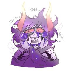 a drawing of a demon with horns on it's head and purple hair, wearing glasses