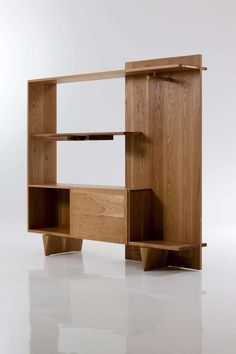 a wooden shelf with two open shelves on each side