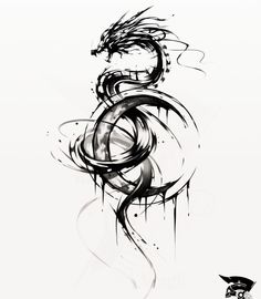 a black and white drawing of a dragon